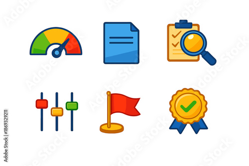 Set of 6 flat colorful icons on dark background