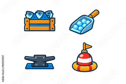 Set of four cartoon fishing-themed icons