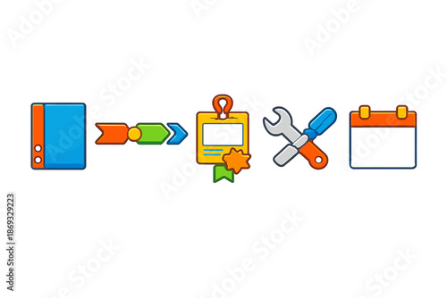 Workflow icons: Folder, arrows, badge, tools, calendar
