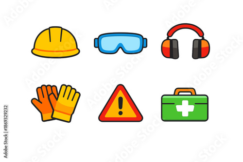 Set of safety equipment icons with glowing effect on dark background