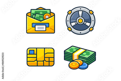 Financial Icons Set: Envelope with Money, Vault, Chip Card, and Cash Pile