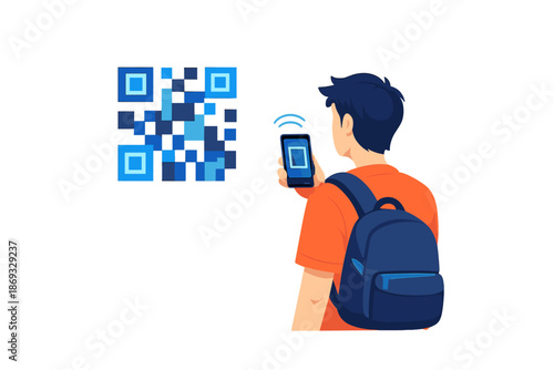 Person scanning QR code on phone with backpack