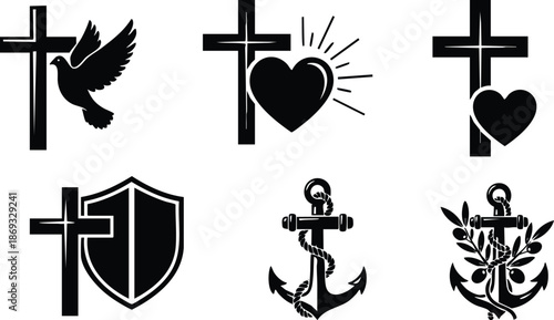 Black and white vector icons of christian cross with dove heart shield and nautical anchor with rope and olive branch detailed silhouette set
