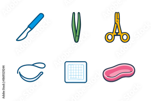 Set of medical icons with glowing effect on dark background