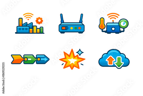 Set of colorful tech icons on a dark background