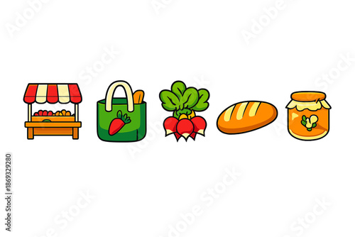Farm fresh produce and baked goods icons
