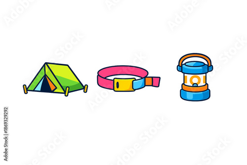 Camping icons: tent, wristband, and lantern