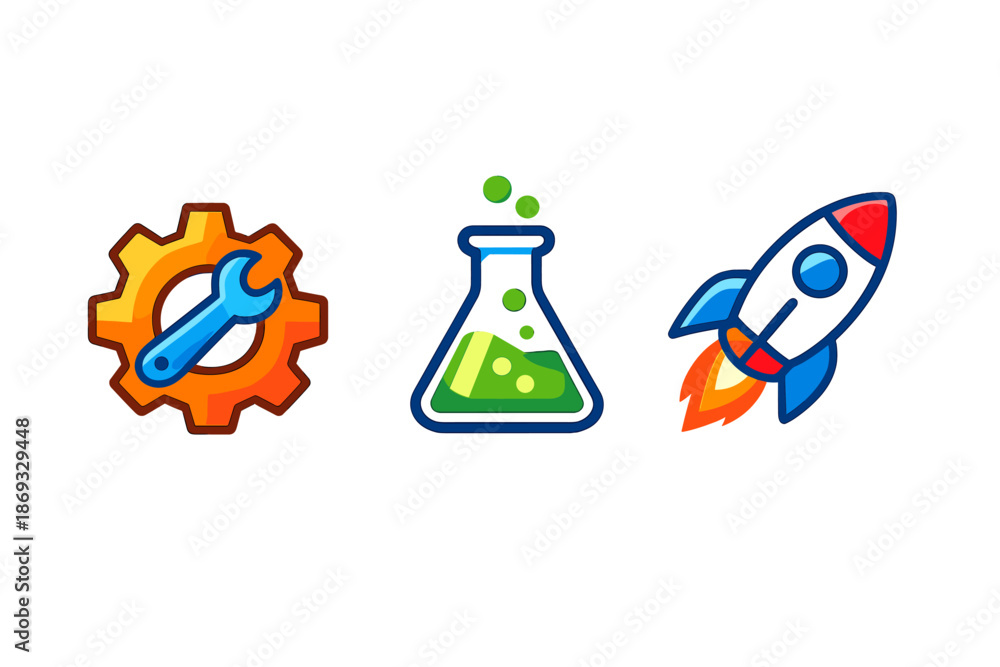 Naklejka premium Gears, Beaker, and Rocket Icons with Neon Glow