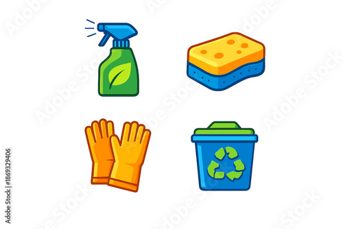 Cleaning supplies icons with glowing effect