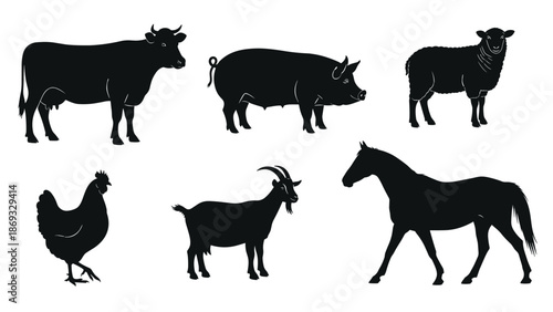 arm Animal Silhouettes Collection, Vector Set Including Cow, Horse, Pig, Sheep, Goat and Chicken for Agriculture Logo Design Elements