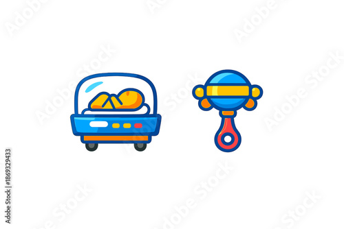 Cute baby in incubator and rattle icon