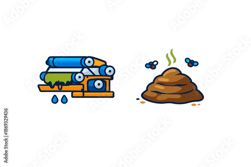 Cartoon stack of toilet paper and poop with flies