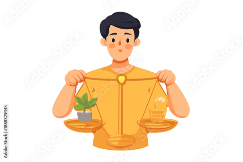 Person holding a balance scale with a plant and a cupcake.