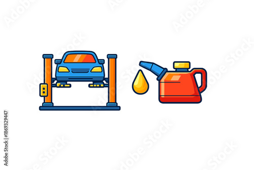 Car on lift with gas can and oil drop