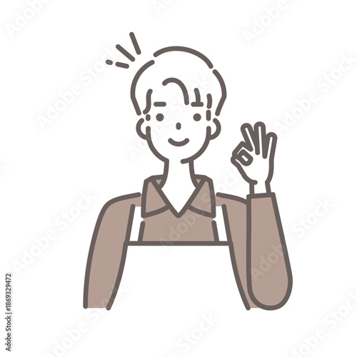 茶色のエプロンをつけた男性がOKサインをしているイラスト・シンプルな線画