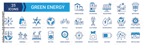 Green energy icons set. Containing green house, ev station, solar panel, planting, recycling and renewable energy icons. Blue icons collection. Vector illustration.
