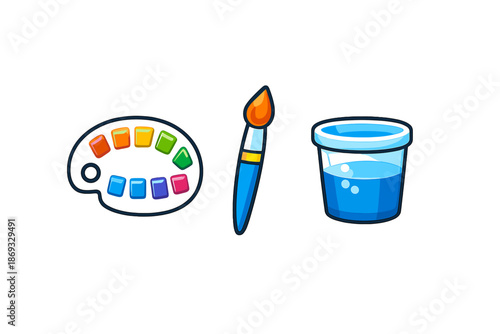 Art supplies including a paint palette, paintbrush, and cup of water