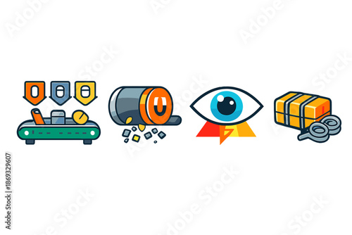 Abstract digital icons representing manufacturing, vision, and packaging