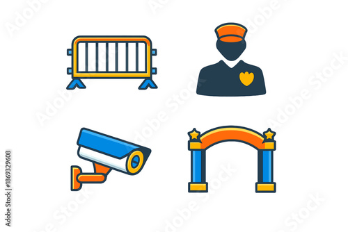 Security icons: Barrier, guard, camera, and archway