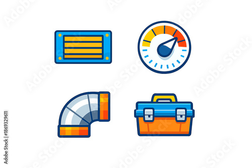 Set of four flat icons with neon glow effect