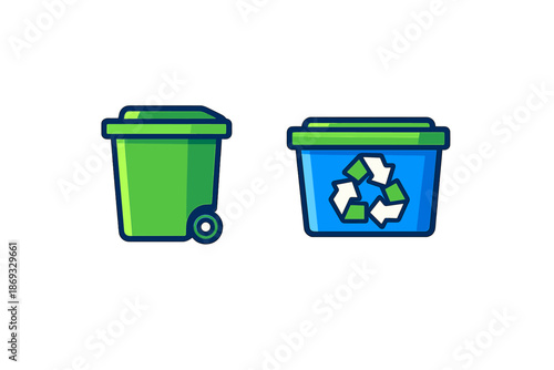 Green trash can and blue recycling bin with recycle symbol