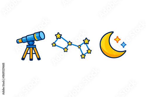 Astronomy icons: telescope, constellation, and moon