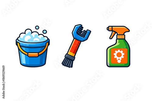 Cleaning supplies icons set