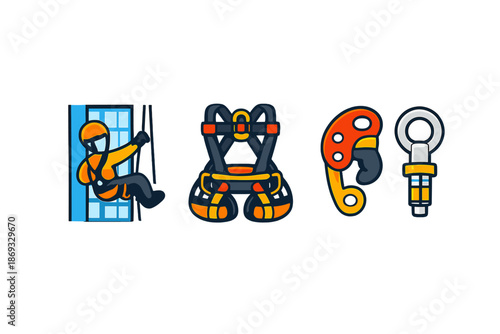 Abseiling and climbing equipment icons