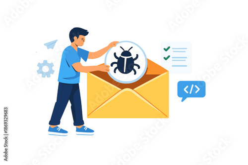 Man with a bug icon in an envelope, email security concept