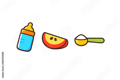 Baby food icons: bottle, apple slice, and scoop of powder