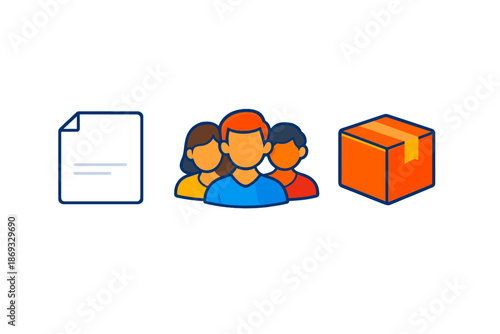 Icons representing document, people, and package against a gradient background