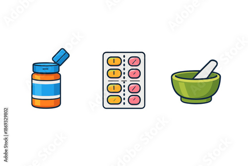 Medical icons: pills, capsule bottle and mortar and pestle