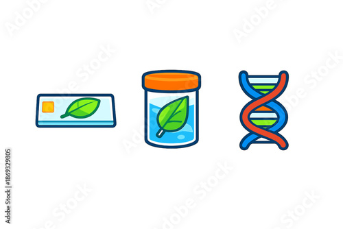 Biology Icons: Microscope Slide, Specimen Jar, and DNA Helix