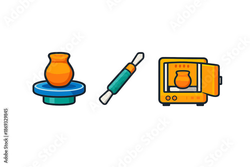 Ceramics tools and kiln icon set