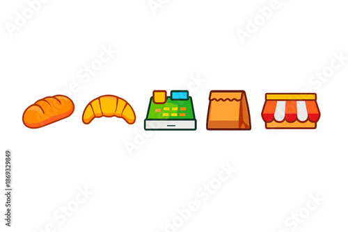 Bakery icons with a bread loaf, croissant, cash register, paper bag, and storefront