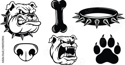 Black and white vector art of aggressive bulldog heads snarling with spiked dog collars bone nose and paw print icons in bold monochrome style