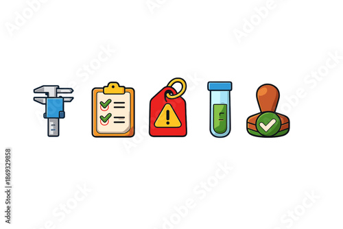 Set of 5 flat icons for quality control and science