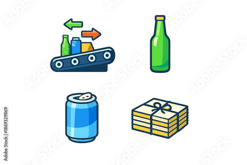 Recycling icons: conveyor belt, bottle, can, and paper stack