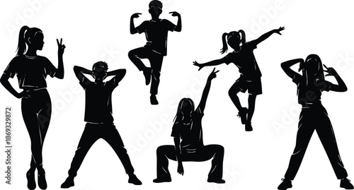 Dynamic black silhouettes of six children striking various energetic dance and playful poses arranged against a white background with clear body language and expression