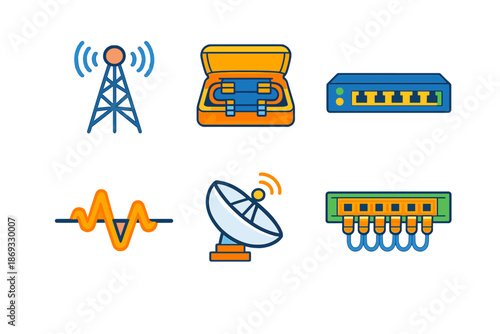 Set of communication and network icons with glowing neon effect