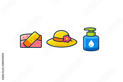 Summer essentials icons: Band-aid, sun hat, and hand sanitizer