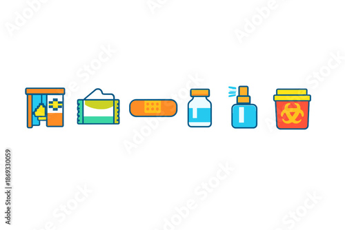 Medical icons in a row with a glowing effect