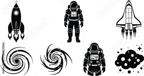 Black vector art of two astronauts standing and two different rockets flying with two swirling galaxies and stars space elements isolated on white background detailed icons