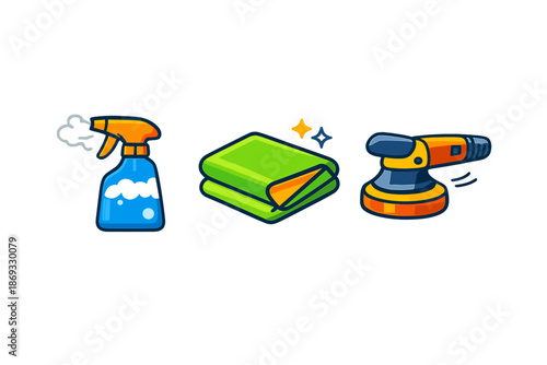 Car cleaning tools icon set