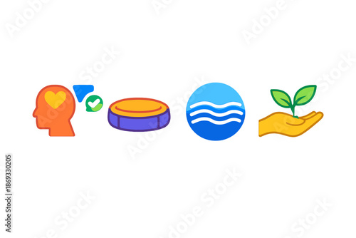 Abstract Icons Representing Mental Health, Finance, Nature, and Growth