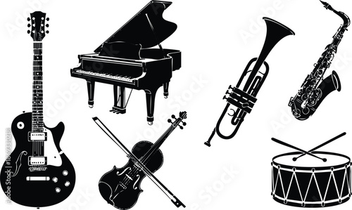 Black silhouette vector art of guitar violin trumpet drum saxophone and grand piano isolated on white background detailed musical instruments set illustration