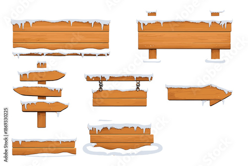 Winter Wooden Signs Covered in Snow and Icicles