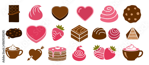 Valentines chocolate dessert icons sweet romantic bakery treat collection