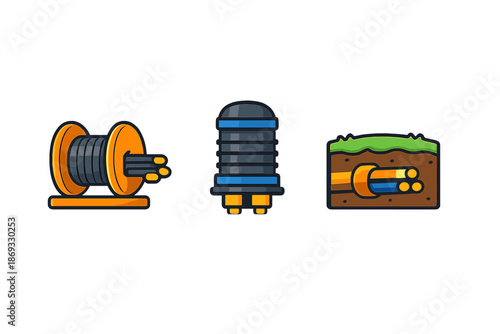 Set of cartoon icons for fiber optic cables