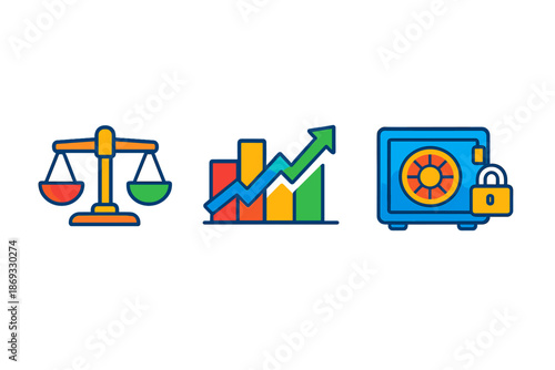 Financial icons: justice, growth, and security